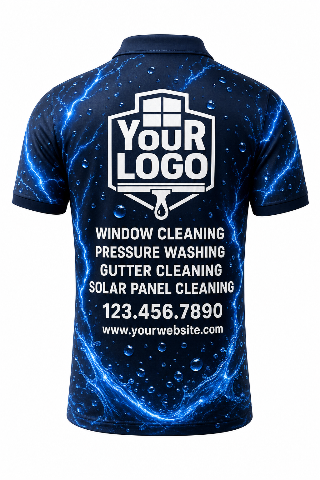 Electric Blue custom window cleaning crew uniform polo shirt — back (polo-back)
