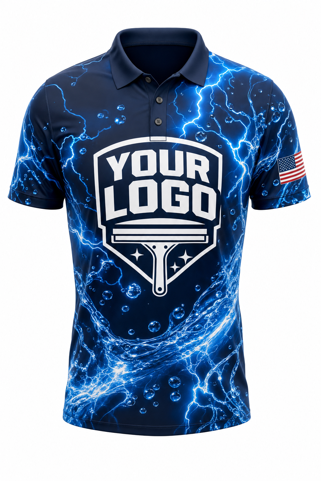 Electric Blue custom window cleaning crew uniform polo shirt — front (polo-front)