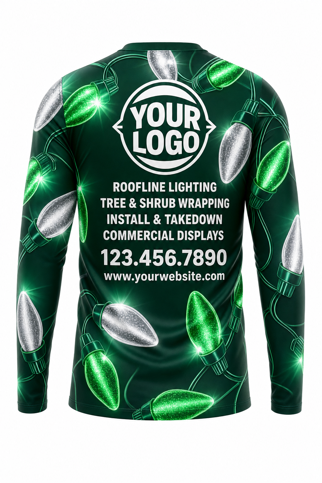 Back of Emerald & Silver Giant C9 Bulbs Christmas light installer shirt: green covered in giant green and silver C9 bulbs, with logo, services and phone placeholders