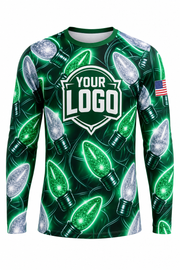 Front of Emerald & Silver Giant C9 Bulbs Christmas light installer shirt: emerald green covered in oversized green and silver C9 bulbs