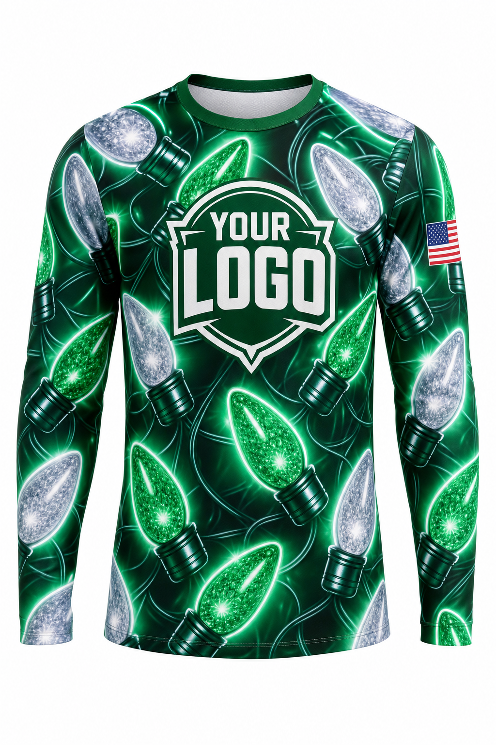 Front of Emerald & Silver Giant C9 Bulbs Christmas light installer shirt: emerald green covered in oversized green and silver C9 bulbs
