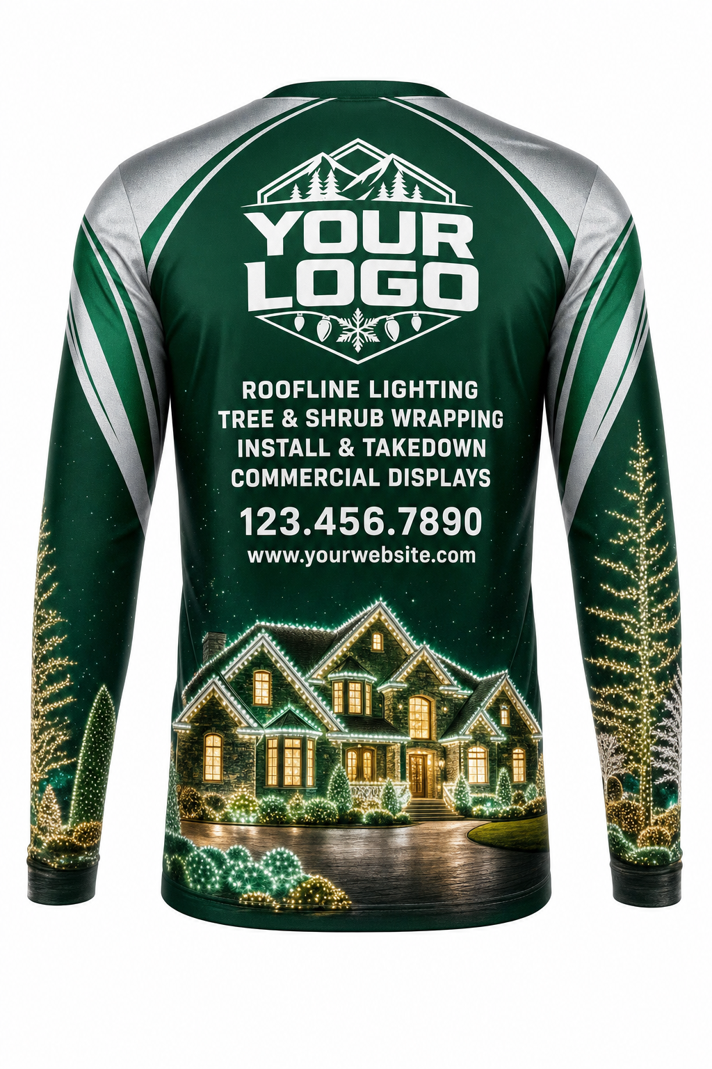 Back of Emerald & Silver Lit House Display Christmas light installer shirt: green with silver sleeves and a lit house at the hem, with logo, services and phone placeholders