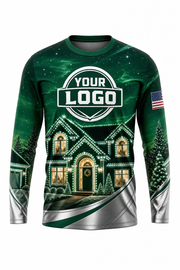 Front of Emerald & Silver Lit House Display Christmas light installer shirt: emerald green with a lit house and silver accents