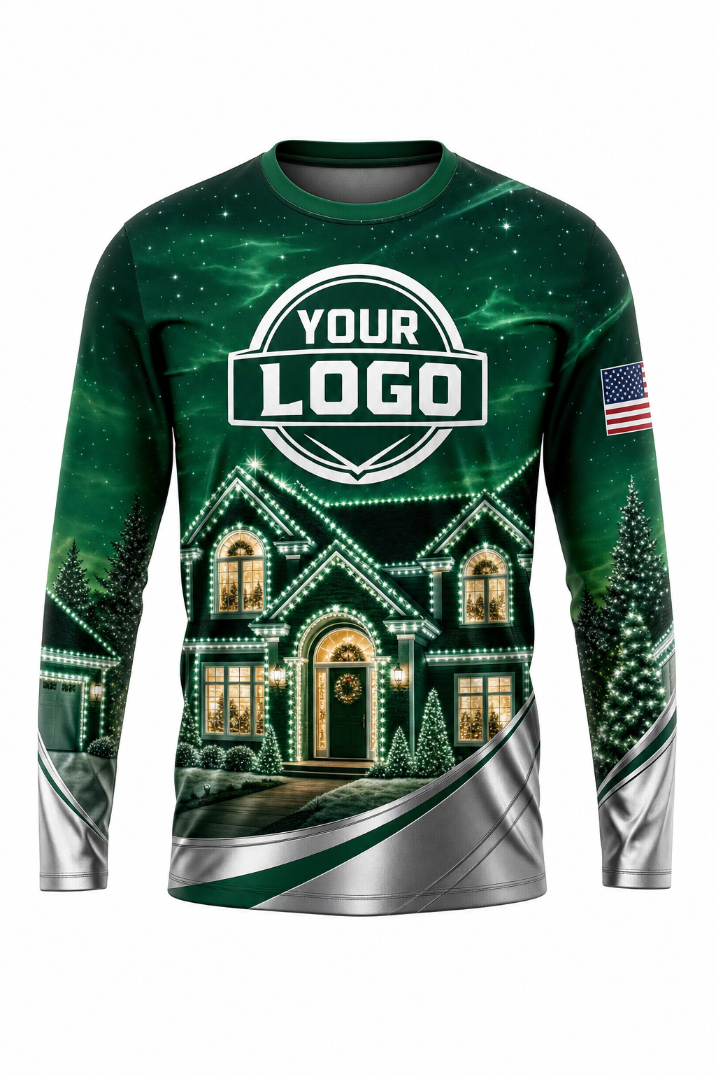 Front of Emerald & Silver Lit House Display Christmas light installer shirt: emerald green with a lit house and silver accents