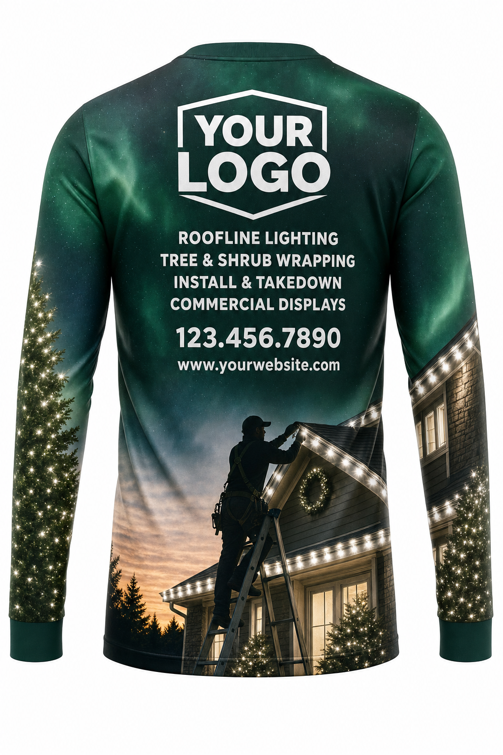 Back of Emerald & Silver Rooftop Crew Christmas light installer shirt: green with lit pines and the installer scene at dusk, with logo, services and phone placeholders
