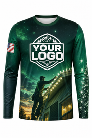 Front of Emerald & Silver Rooftop Crew Christmas light installer shirt: an emerald night sky with an installer on a ladder lighting a roofline