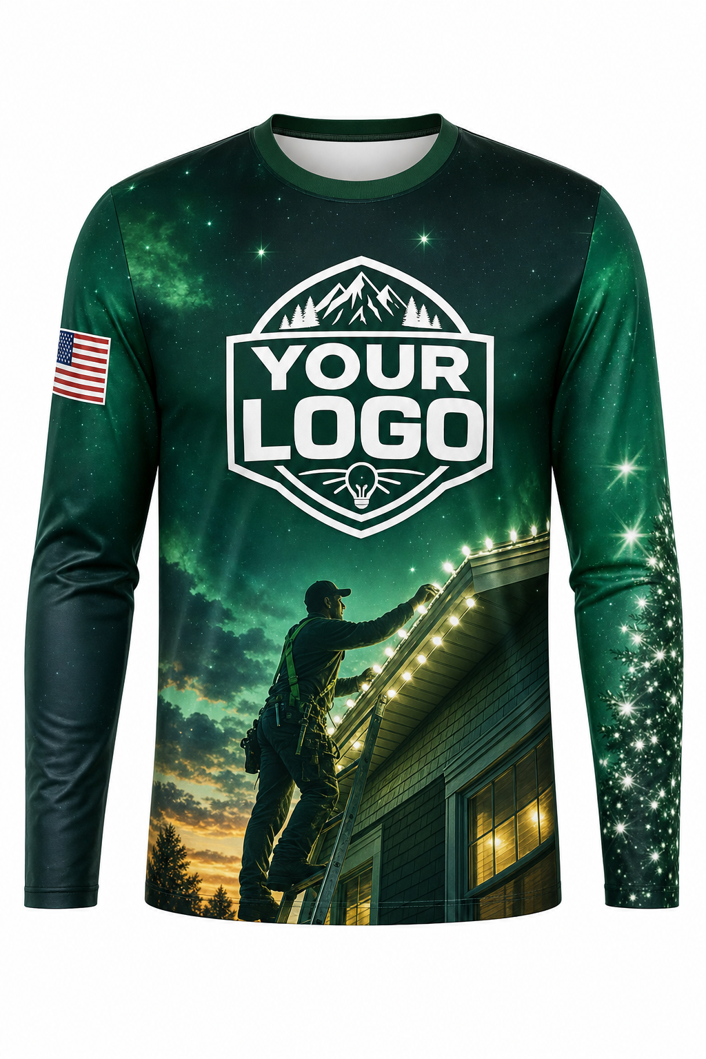 Front of Emerald & Silver Rooftop Crew Christmas light installer shirt: an emerald night sky with an installer on a ladder lighting a roofline