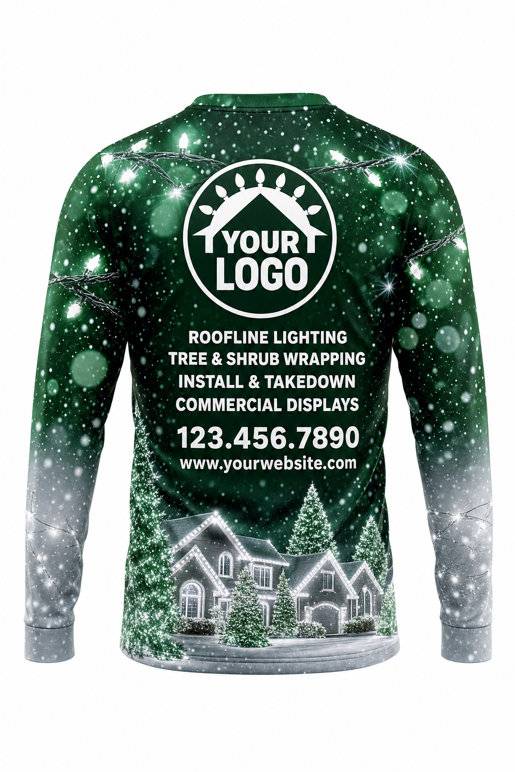 Back of Emerald & Silver Snowfall & Lights Christmas light installer shirt: green with snow and white-lit houses at the hem, with logo, services and phone placeholders