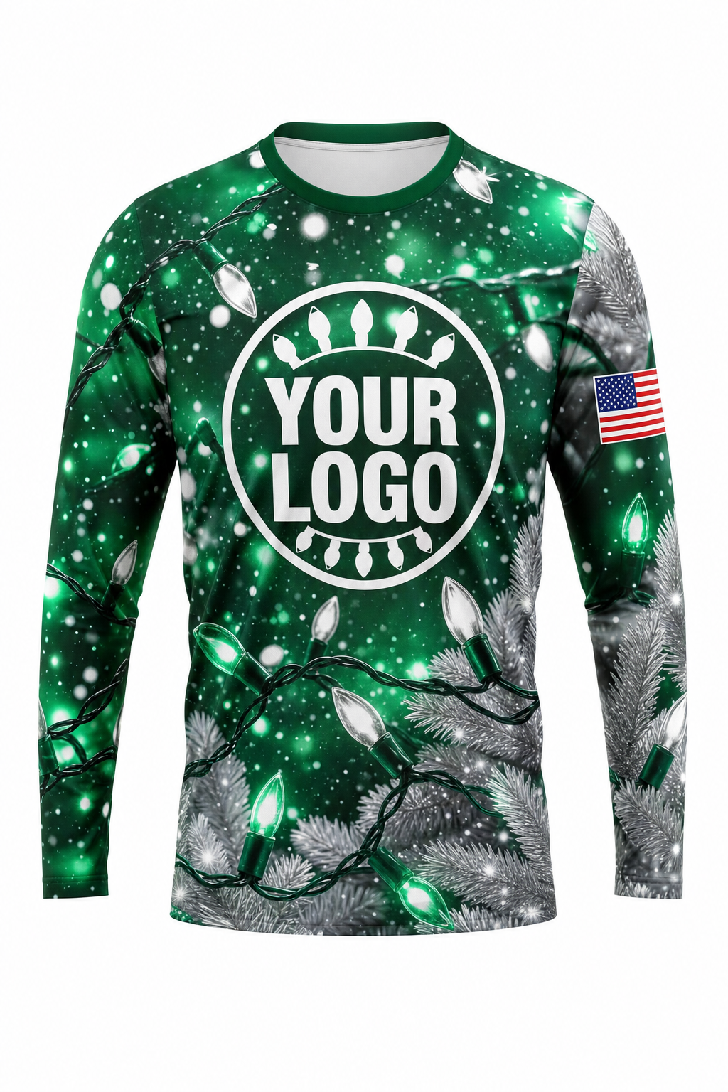 Front of Emerald & Silver Snowfall & Lights Christmas light installer shirt: emerald and silver with snowfall and glowing green bulbs