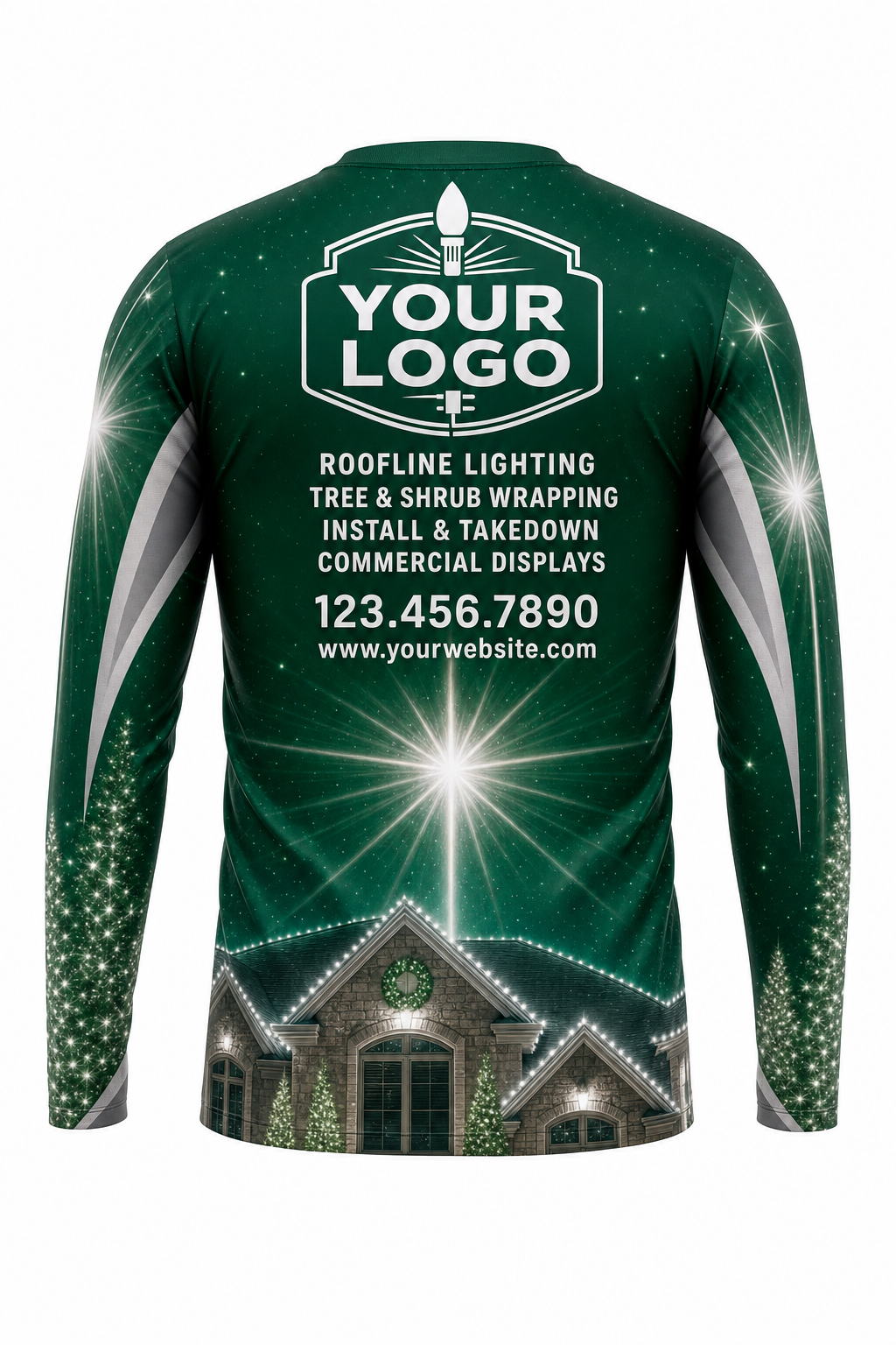 Back of Emerald & Silver Rooftop Star Christmas light installer shirt: green with a star and a white-lit house at the hem, with logo, services and phone placeholders