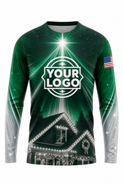 Front of Emerald & Silver Rooftop Star Christmas light installer shirt: emerald green with a white star above a lit roofline