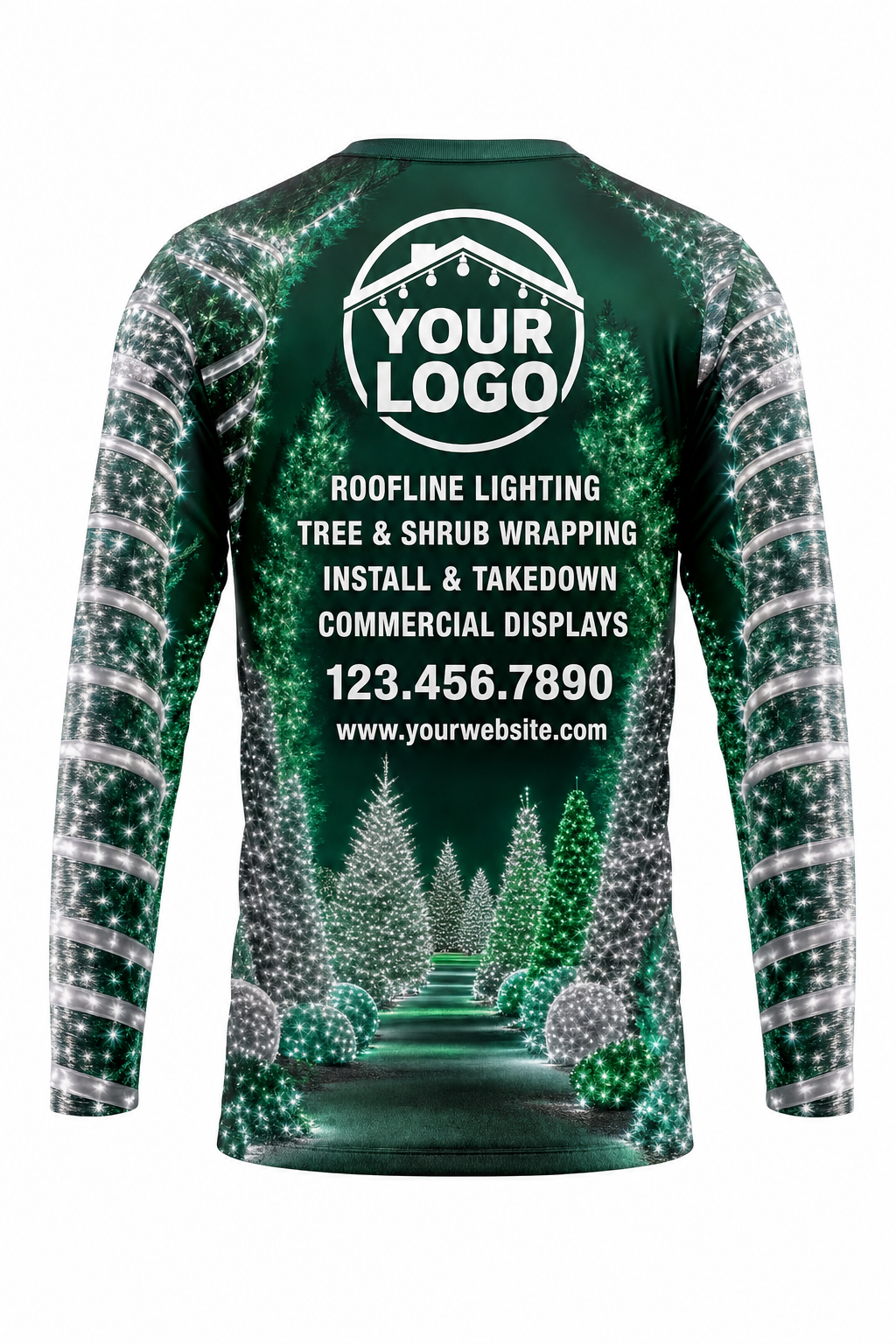 Back of Emerald & Silver Tree & Shrub Wrap Christmas light installer shirt: green with silver light-wrapped trees along a path, with logo, services and phone placeholders