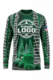 Front of Emerald & Silver Tree & Shrub Wrap Christmas light installer shirt: emerald green with pines wrapped in green and silver lights
