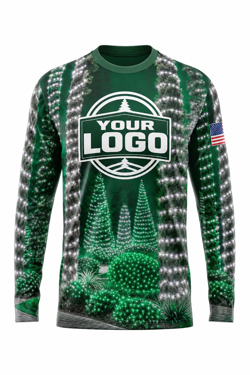 Front of Emerald & Silver Tree & Shrub Wrap Christmas light installer shirt: emerald green with pines wrapped in green and silver lights