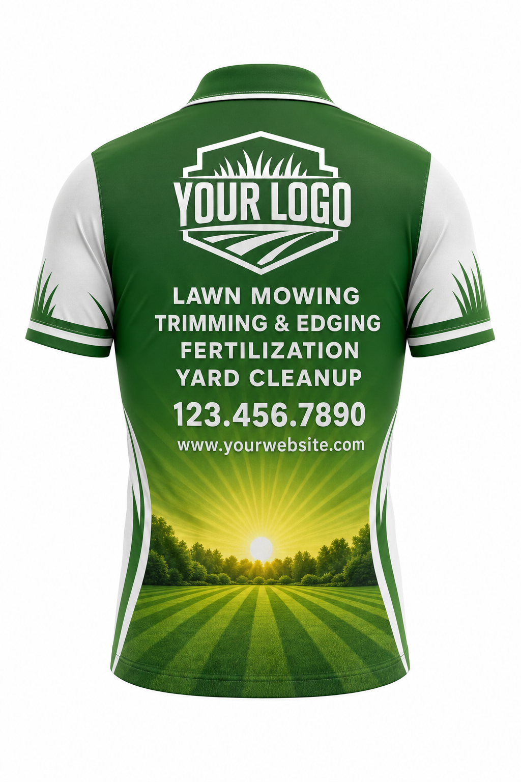 Grass Sunrise Yard custom lawn care & landscaping crew uniform Polo — back