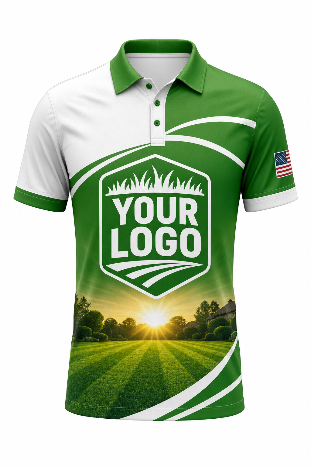 Grass Sunrise Yard custom lawn care & landscaping crew uniform Polo — front