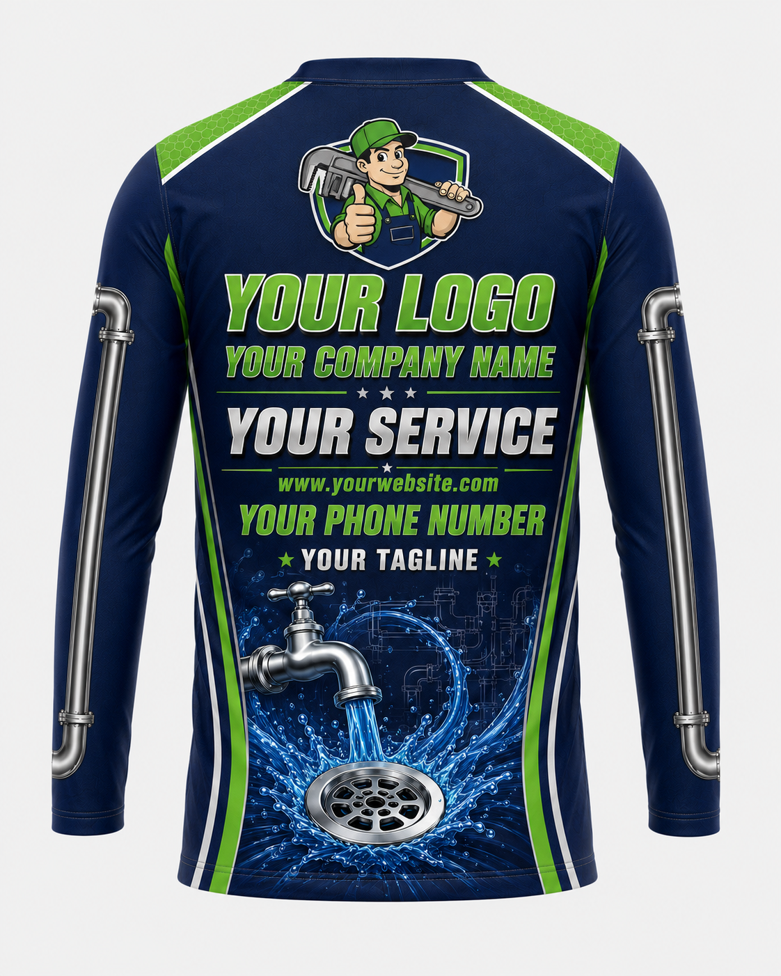 Green Flow custom plumbing crew uniform, back