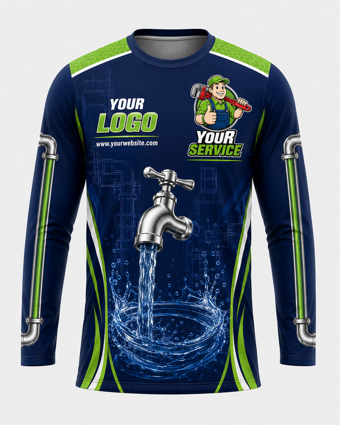 Green Flow custom plumbing crew uniform, front