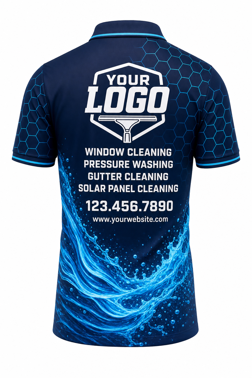Hexa Flow custom window cleaning crew uniform polo shirt — back (polo-back)