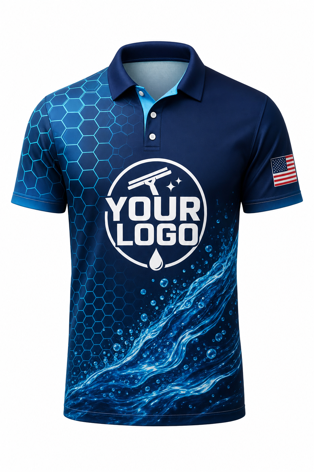Hexa Flow custom window cleaning crew uniform polo shirt — front (polo-front)