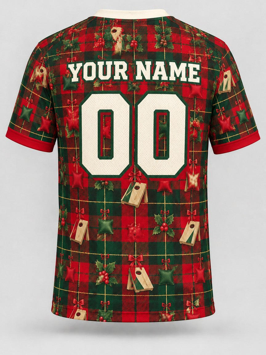 Holly Jolly Plaid custom cornhole team jersey, back