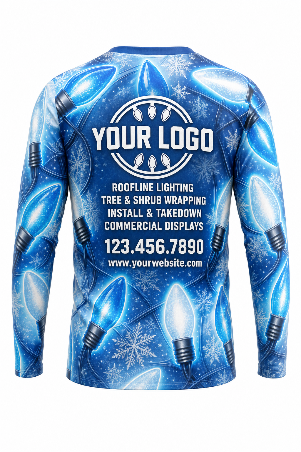 Back of Icy Blue Winter Giant C9 Bulbs Christmas light installer shirt: blue covered in giant blue and white C9 bulbs, with logo, services and phone placeholders