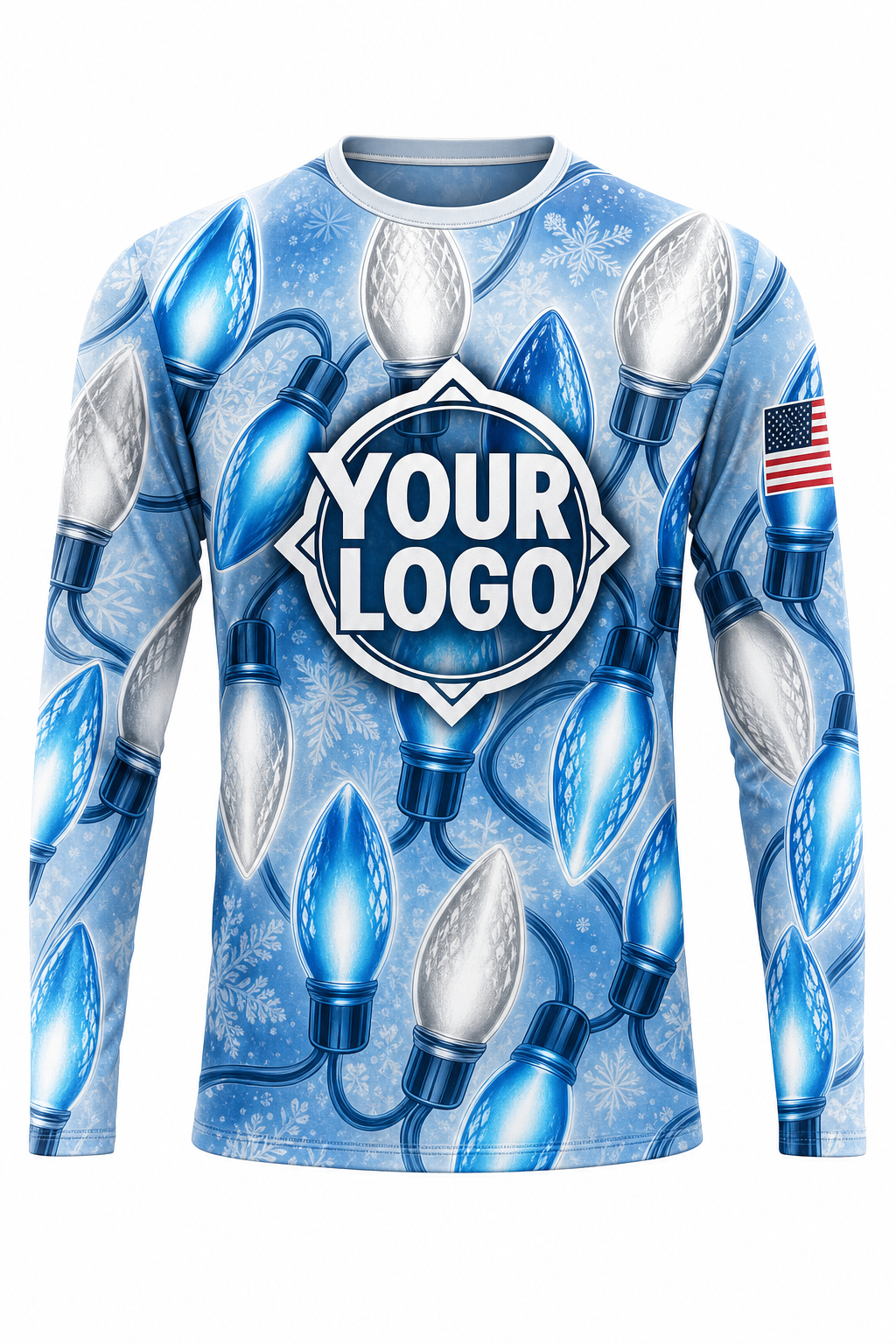 Front of Icy Blue Winter Giant C9 Bulbs Christmas light installer shirt: light blue covered in oversized blue and white C9 bulbs