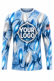 Front of Icy Blue Winter Giant C9 Bulbs Christmas light installer shirt: light blue covered in oversized blue and white C9 bulbs