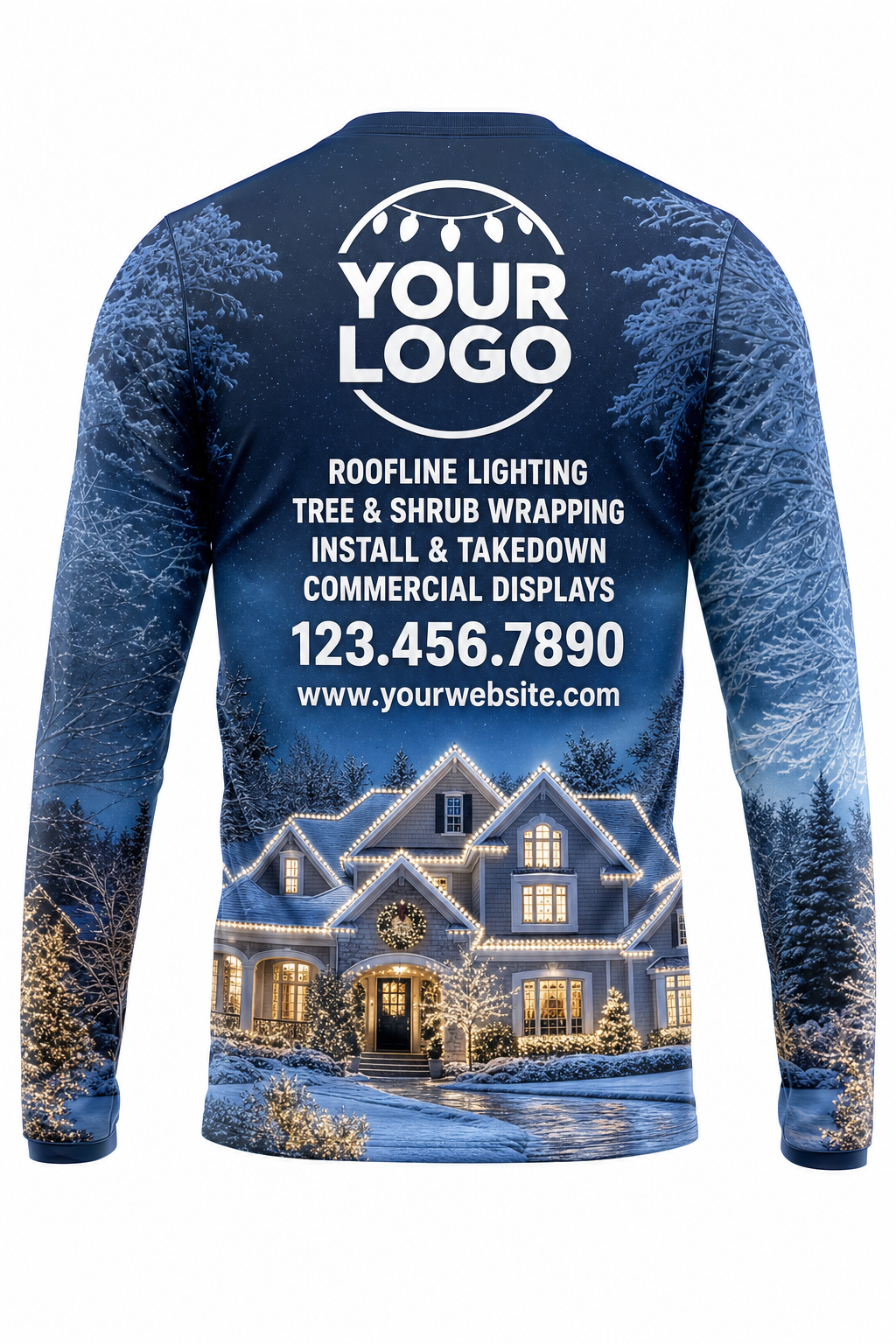 Back of Icy Blue Winter Lit House Display Christmas light installer shirt: navy with frosted pines and a lit house at the hem, with logo, services and phone placeholders
