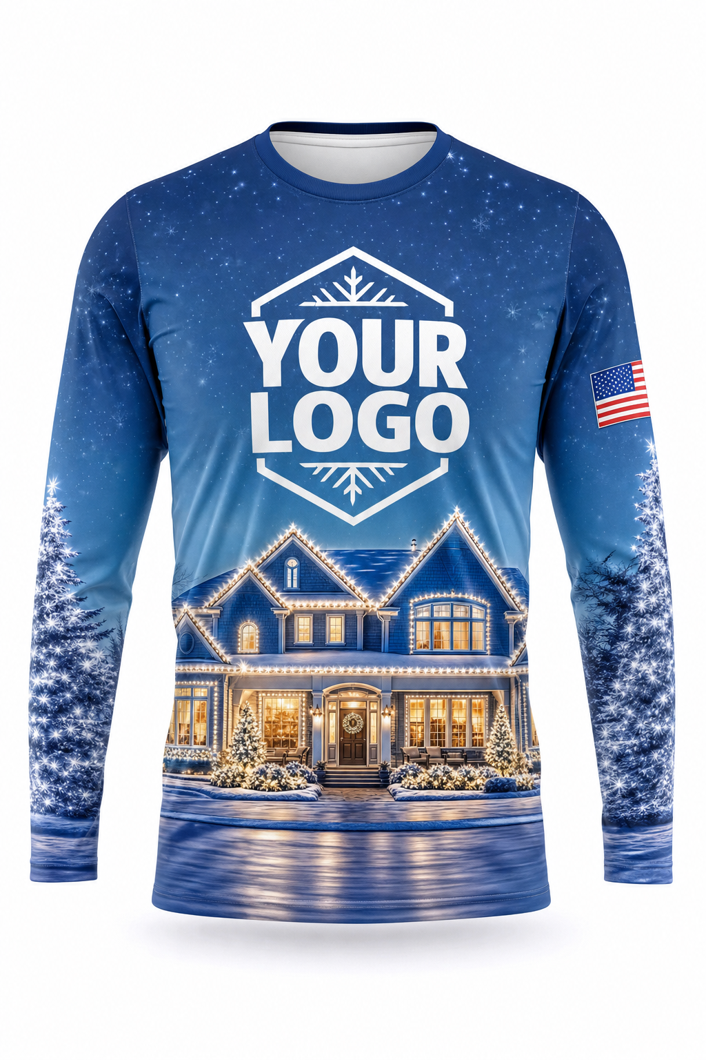 Front of Icy Blue Winter Lit House Display Christmas light installer shirt: a blue winter night with a snow-covered house lit in white