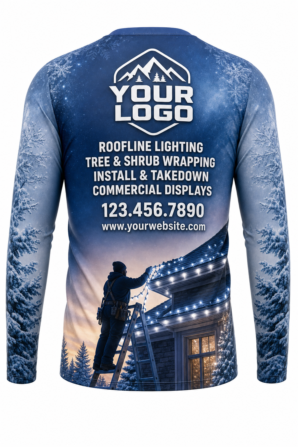 Back of Icy Blue Winter Rooftop Crew Christmas light installer shirt: blue with frosted sleeves and the installer scene at the hem, with logo, services and phone placeholders
