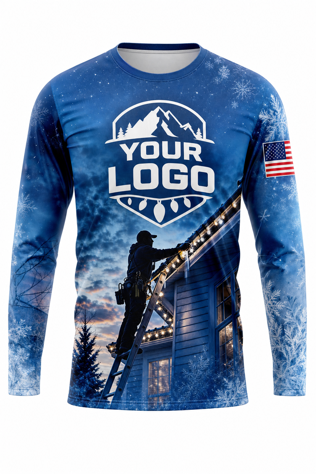 Front of Icy Blue Winter Rooftop Crew Christmas light installer shirt: snowy blue with an installer on a ladder lighting a roofline
