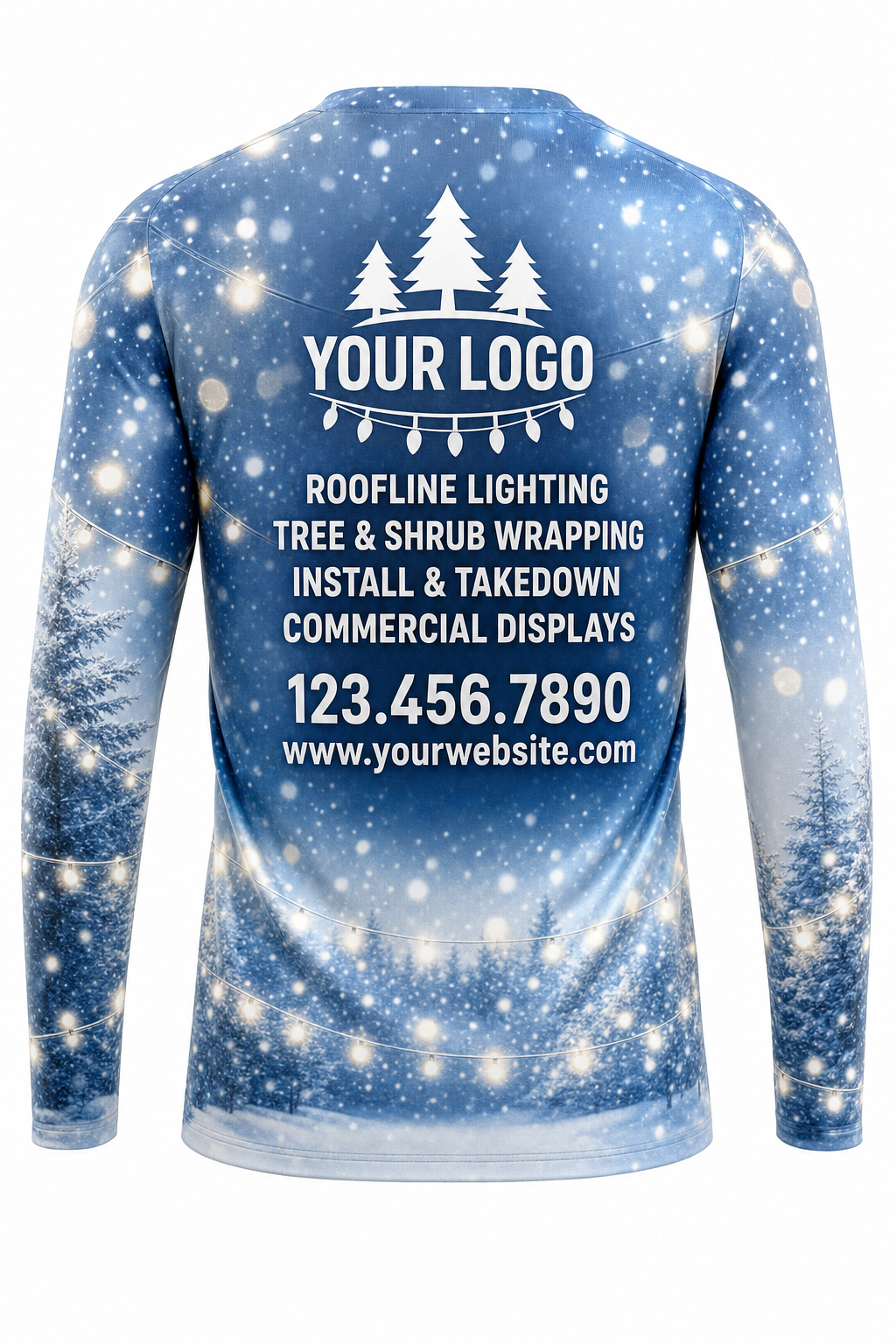 Back of Icy Blue Winter Snowfall & Lights Christmas light installer shirt: blue with snow, white lights and frosted trees, with logo, services and phone placeholders