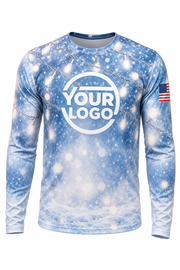 Front of Icy Blue Winter Snowfall & Lights Christmas light installer shirt: pale icy blue with snowfall and white bokeh lights