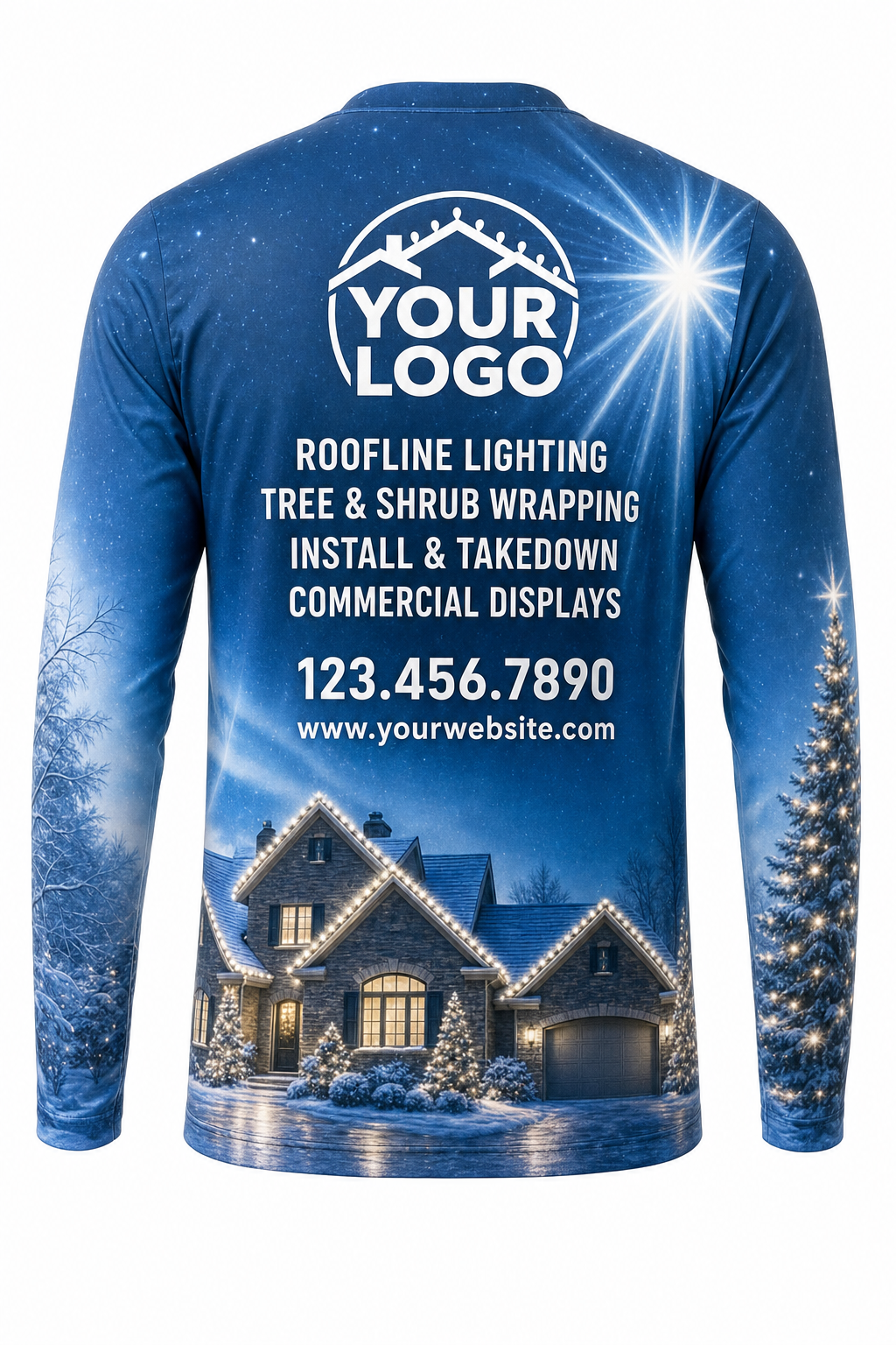 Back of Icy Blue Winter Rooftop Star Christmas light installer shirt: blue with a star and a lit house at the hem, with logo, services and phone placeholders