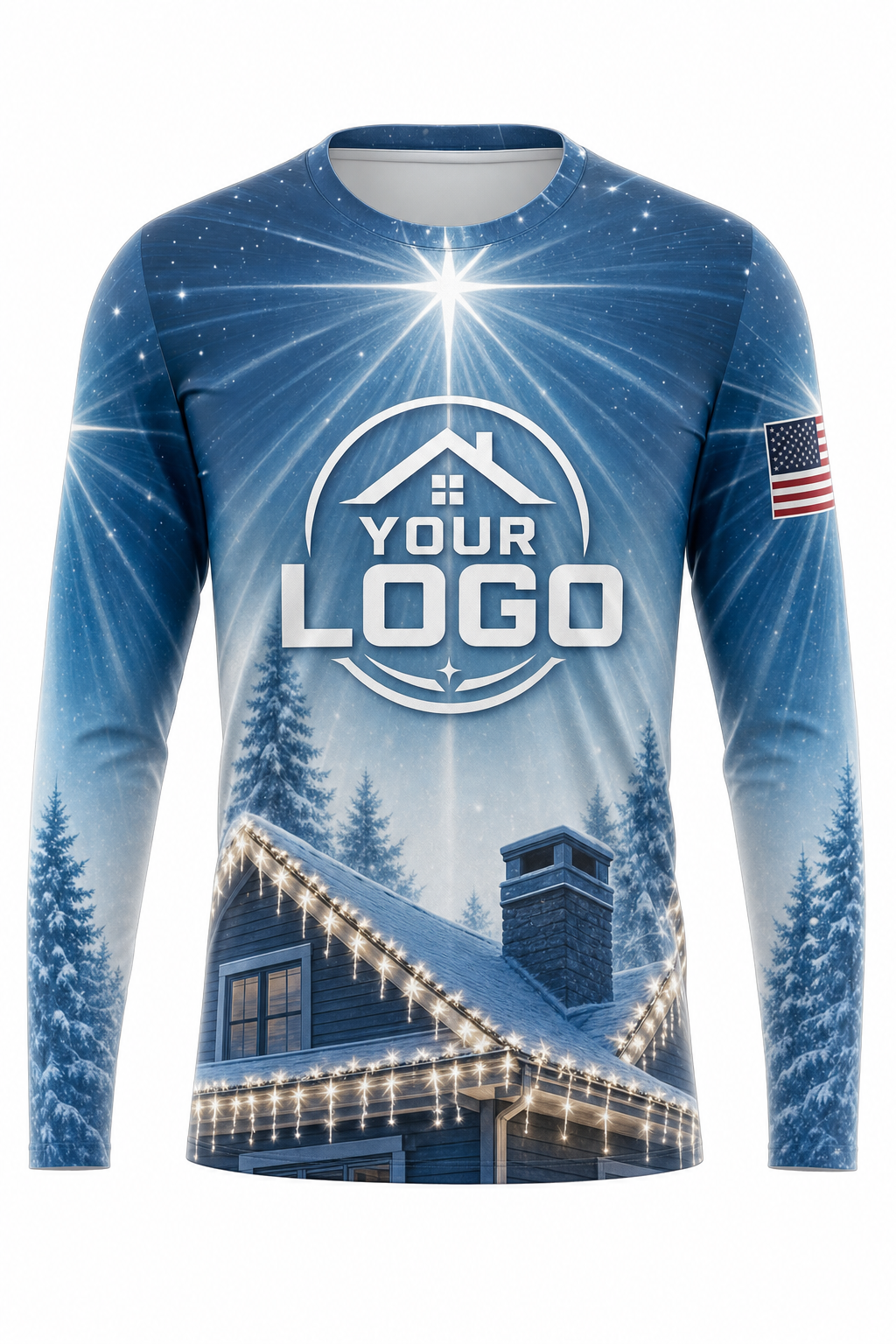 Front of Icy Blue Winter Rooftop Star Christmas light installer shirt: blue with a white star burst over a snowy lit roofline