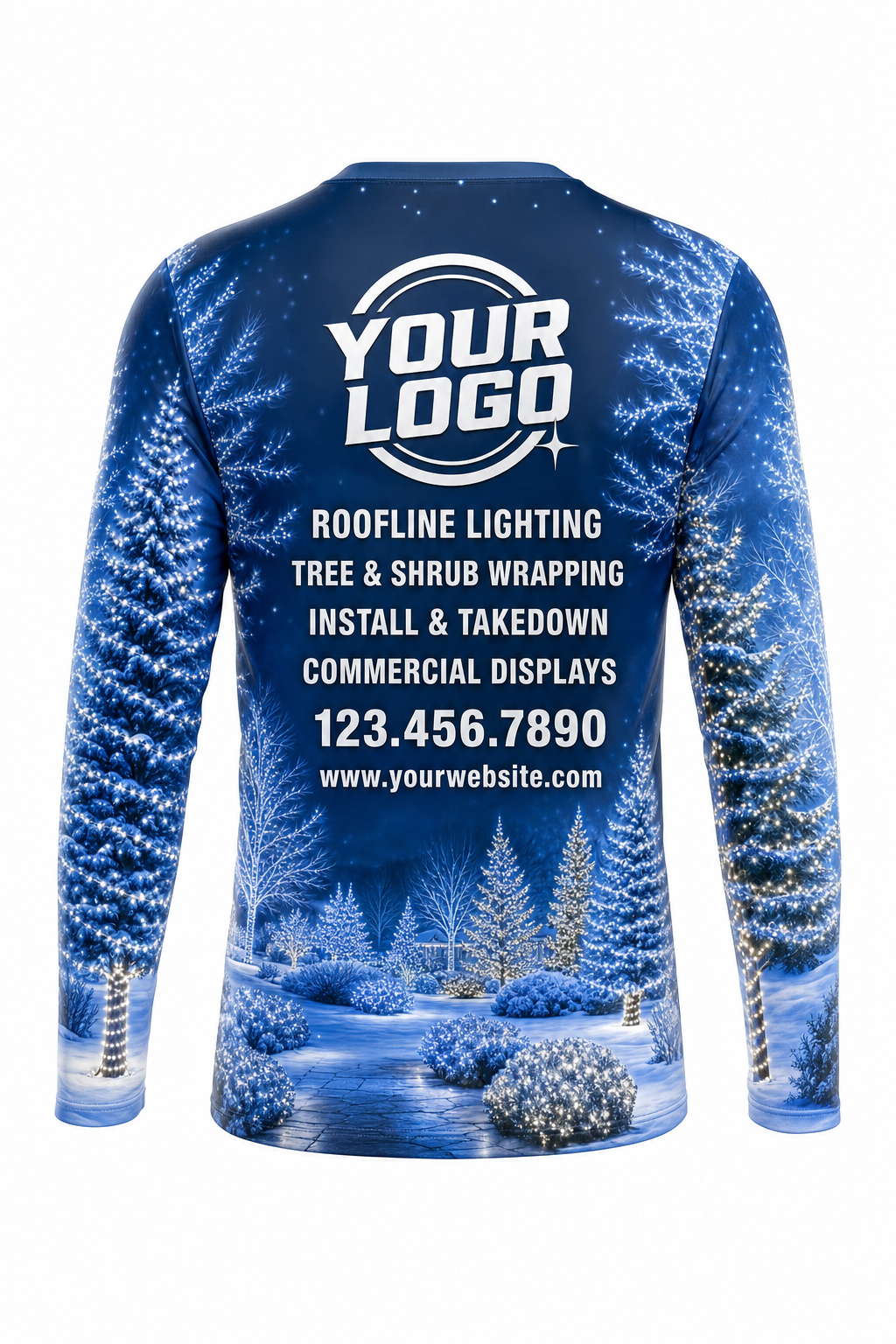 Back of Icy Blue Winter Tree & Shrub Wrap Christmas light installer shirt: navy with frosted, light-wrapped trees, with logo, services and phone placeholders