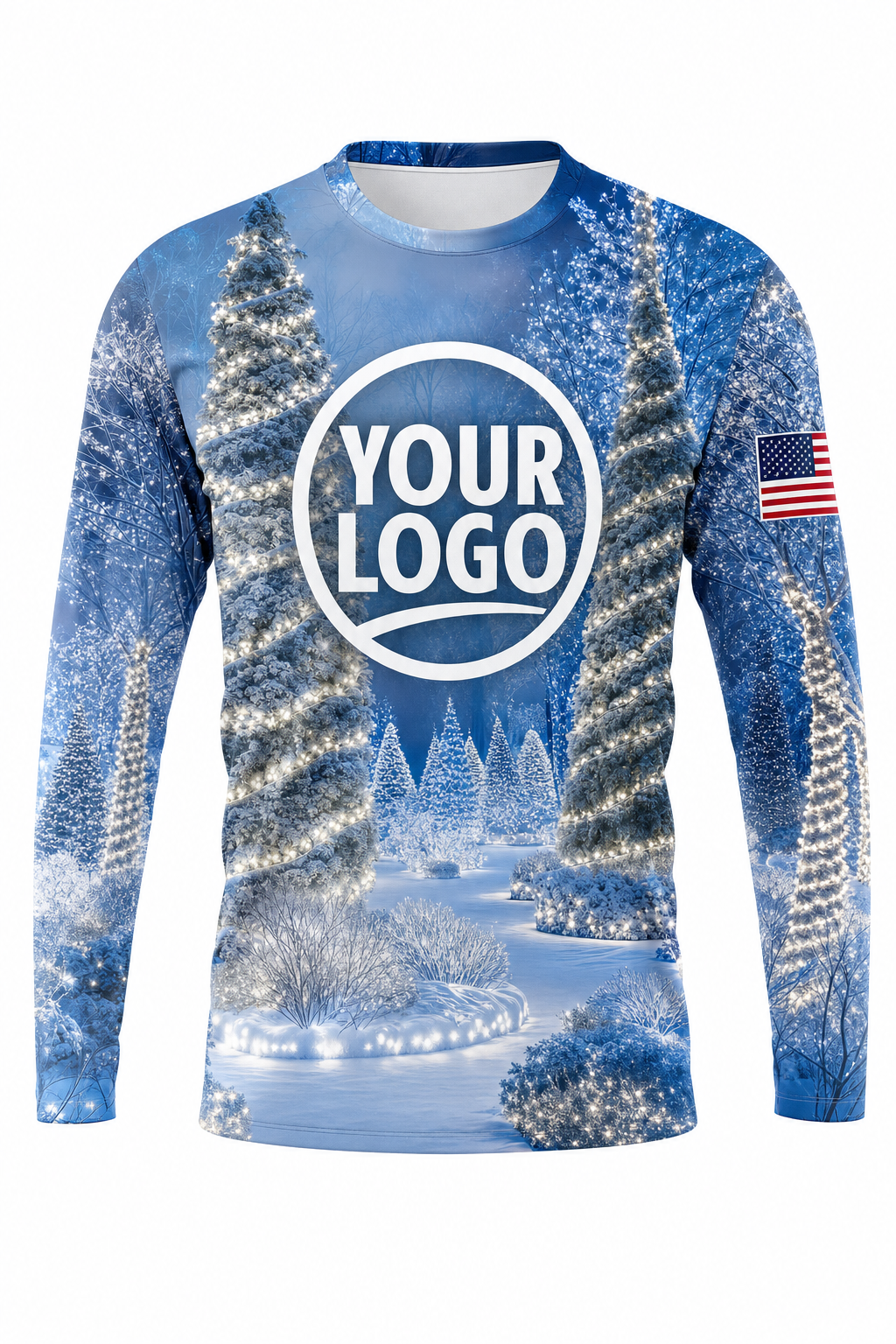 Front of Icy Blue Winter Tree & Shrub Wrap Christmas light installer shirt: snowy blue with pine trees wrapped in white lights