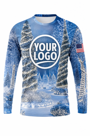 Front of Icy Blue Winter Tree & Shrub Wrap Christmas light installer shirt: snowy blue with pine trees wrapped in white lights