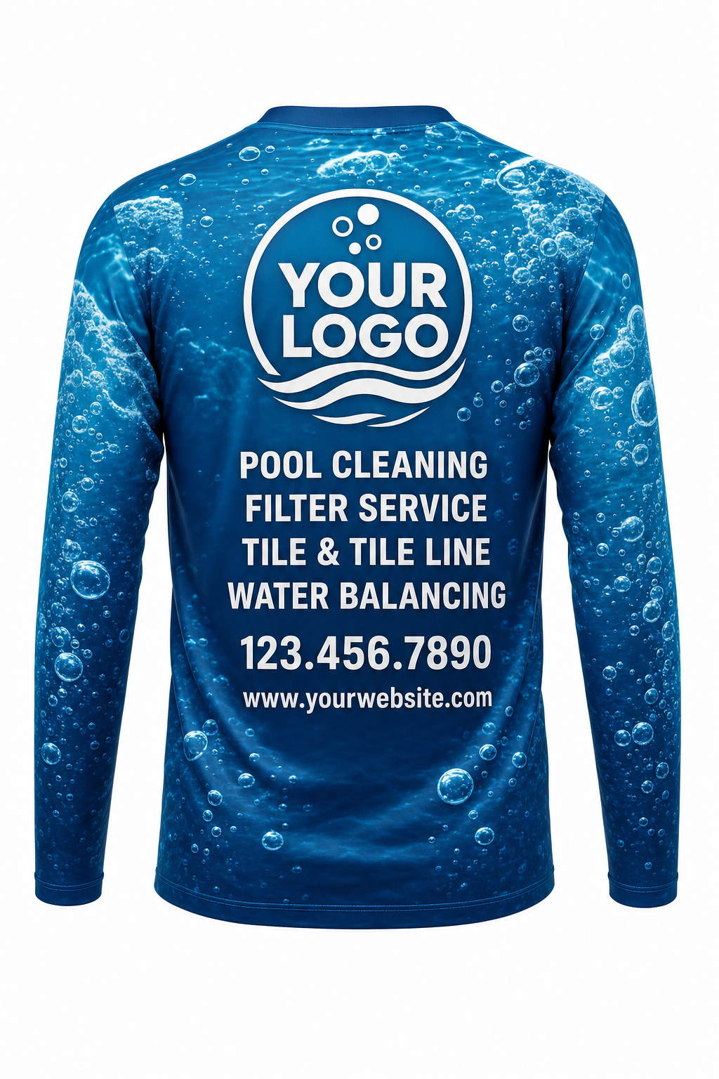 Lagoon Bubbles custom pool cleaning crew uniform long-sleeve shirt — back (longsleeve-back)