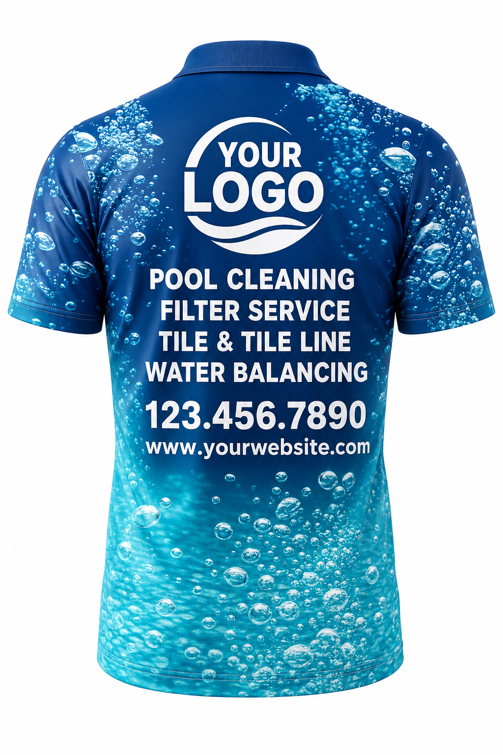 Lagoon Bubbles custom pool cleaning crew uniform polo shirt — back (polo-back)
