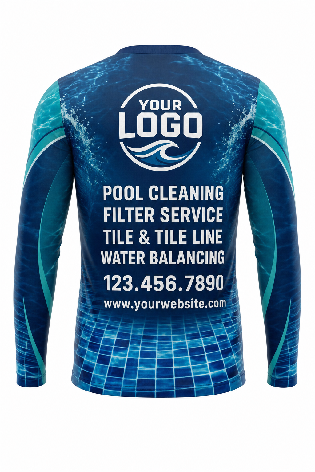 Lagoon Mosaic custom pool cleaning crew uniform long-sleeve shirt — back (longsleeve-back)