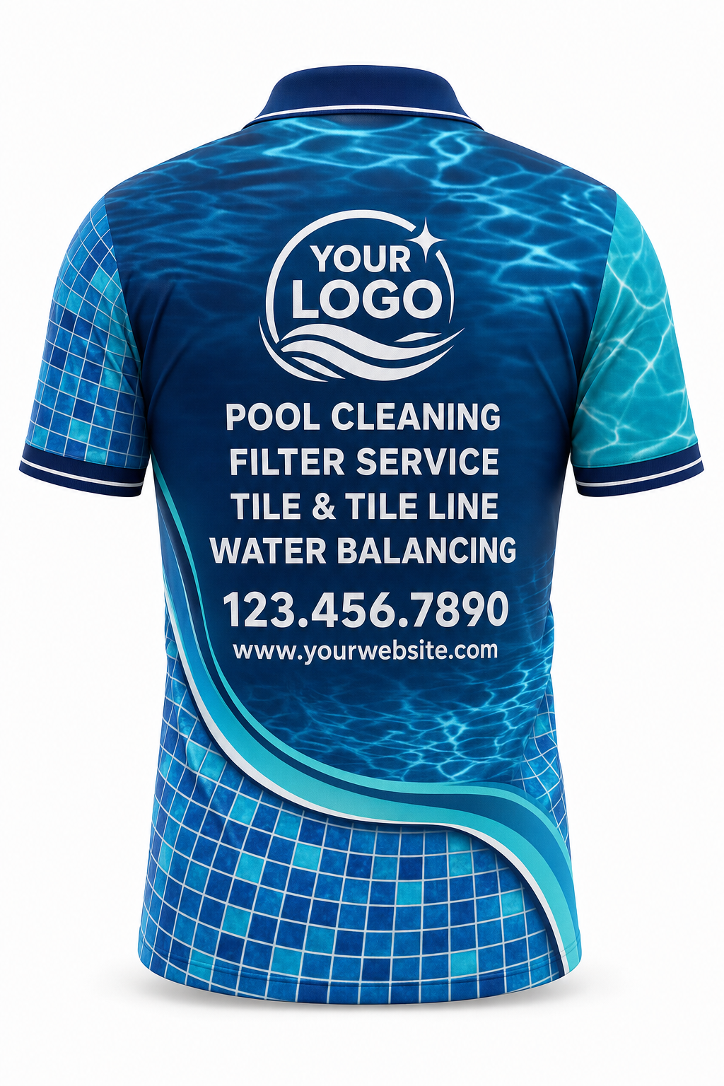 Lagoon Mosaic custom pool cleaning crew uniform polo shirt — back (polo-back)
