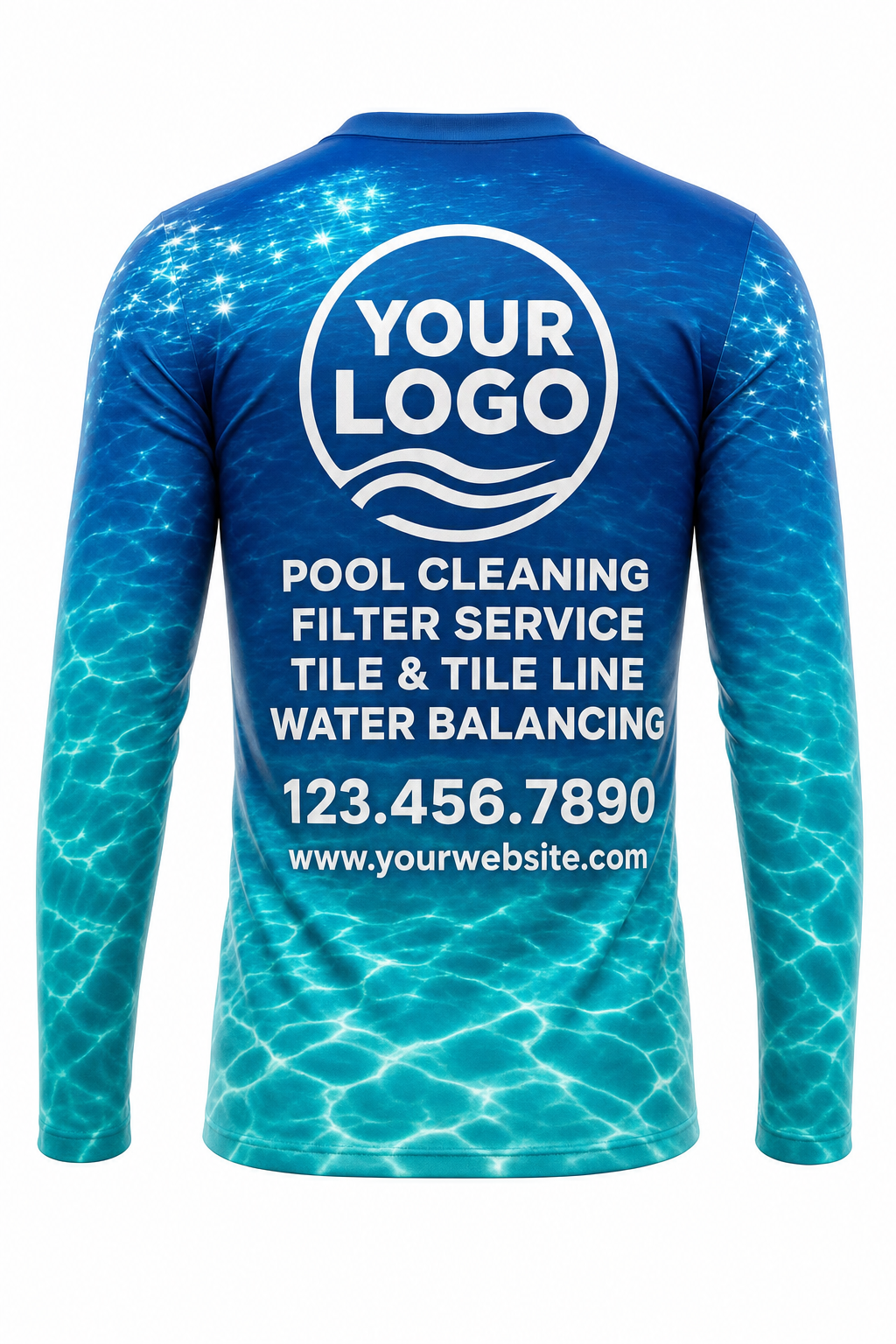 Lagoon Sun Sparkle custom pool cleaning crew uniform long-sleeve shirt — back (longsleeve-back)
