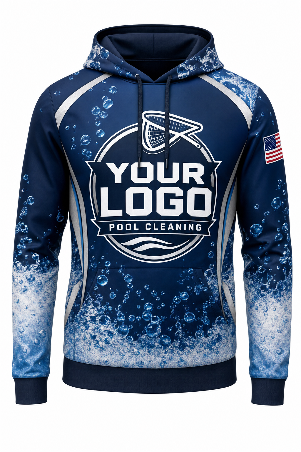 Midnight Bubbles custom pool cleaning crew uniform hoodie — front (hoodie-front)