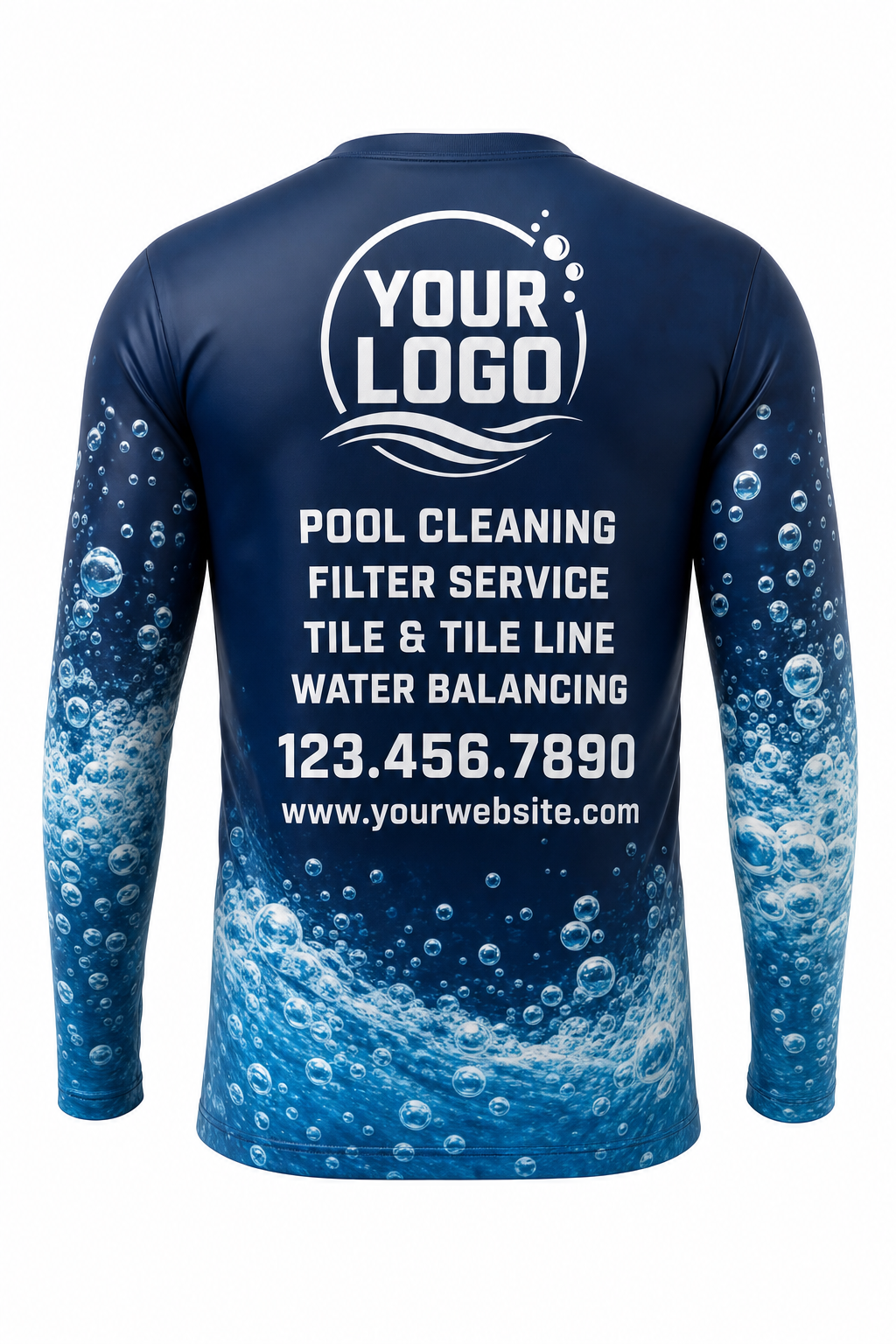 Midnight Bubbles custom pool cleaning crew uniform long-sleeve shirt — back (longsleeve-back)