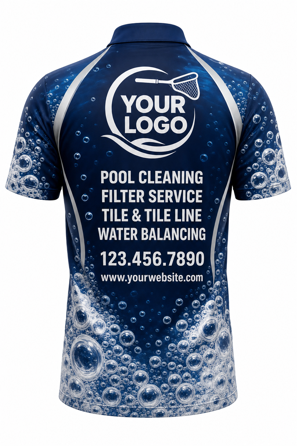 Midnight Bubbles custom pool cleaning crew uniform polo shirt — back (polo-back)