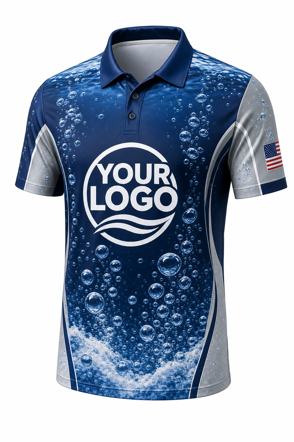 Midnight Bubbles custom pool cleaning crew uniform polo shirt — front (polo-front)