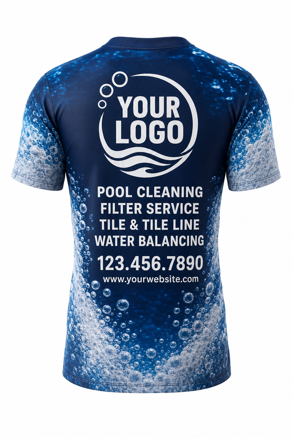 Midnight Bubbles custom pool cleaning crew uniform t-shirt — back (tee-back)