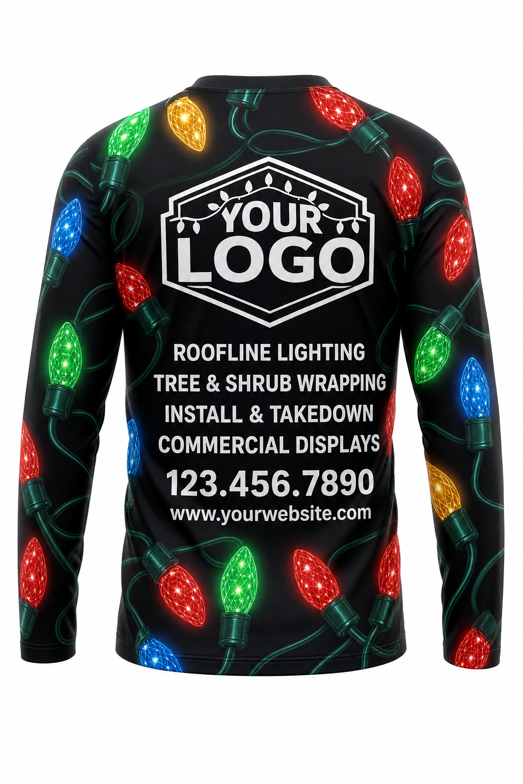 Back of Midnight Multicolor Giant C9 Bulbs Christmas light installer shirt: black covered in giant multicolor C9 bulbs, with logo, services and phone placeholders